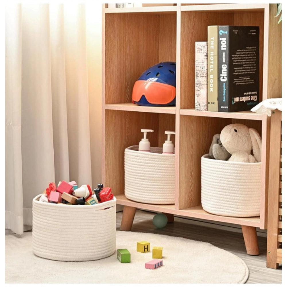 Amfyn Cotton 9x7 Inch Pack of 3 Storage Basket For Clothes (White)