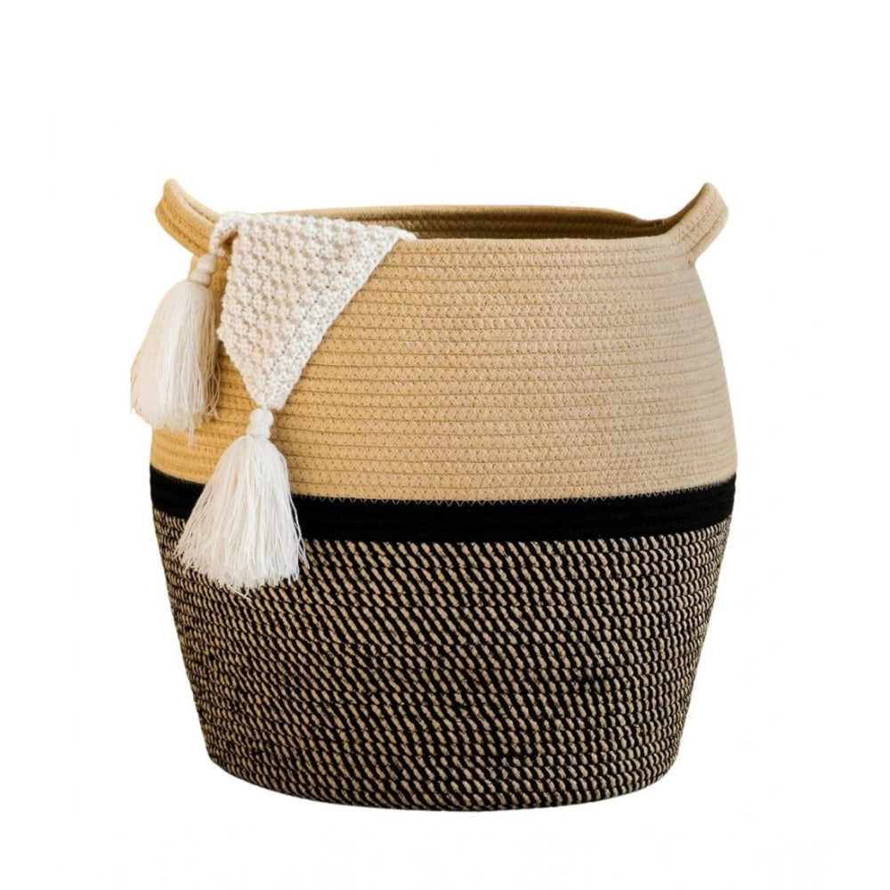 Amfyn Cotton Matka 14x12 Inch Storage Basket For Clothes (Beige Black)
