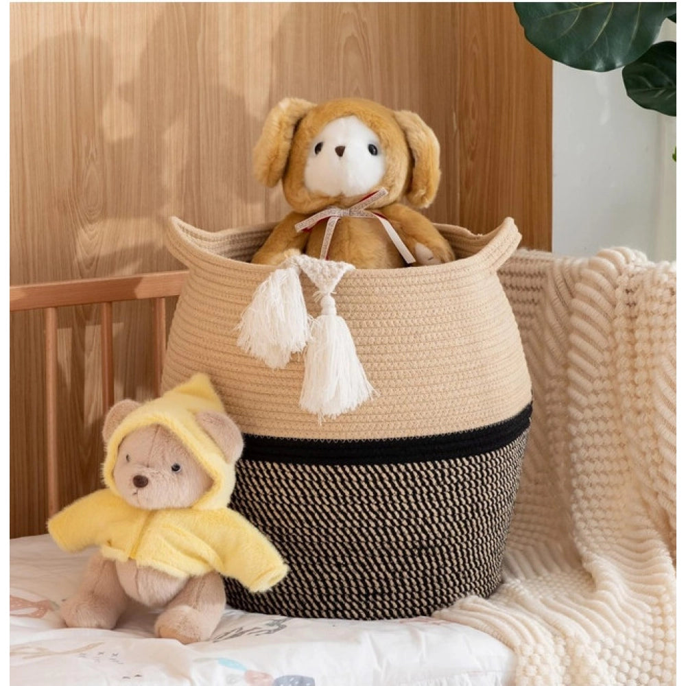 Amfyn Cotton Matka 14x12 Inch Storage Basket For Clothes (Beige Black)