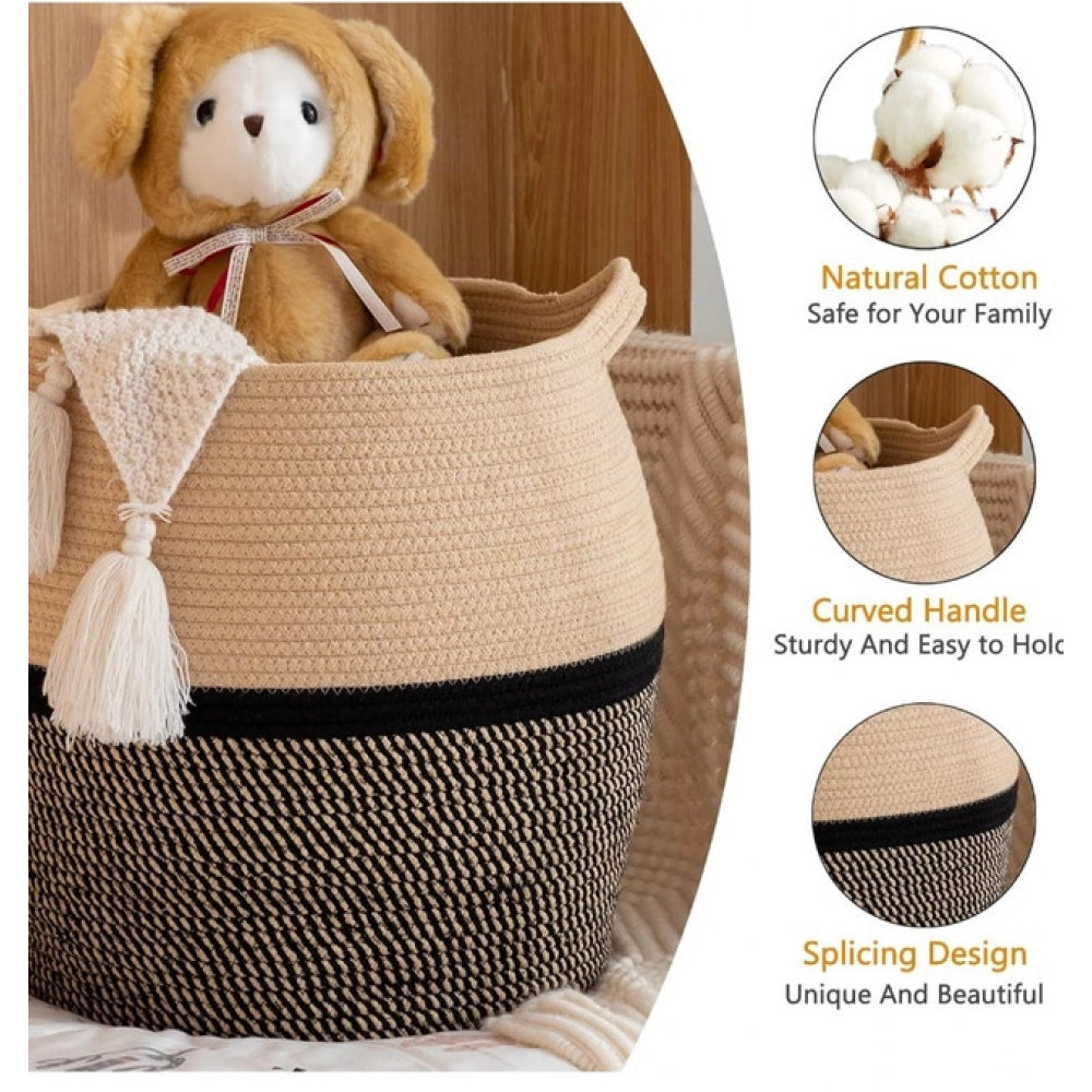 Amfyn Cotton Matka 14x12 Inch Storage Basket For Clothes (Beige Black)