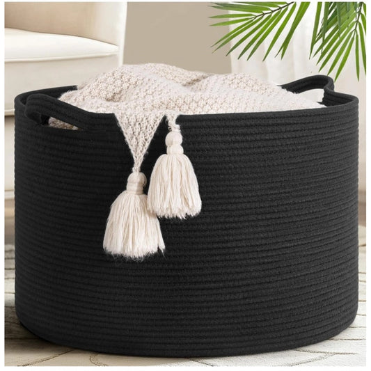 Amfyn Cotton Basket 14x12 Inch Storage Basket For Clothes (Black)