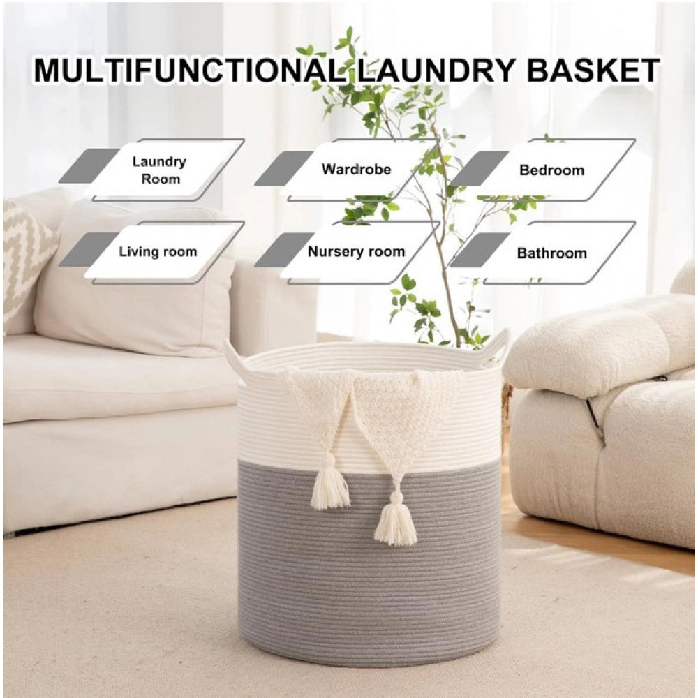 Amfyn Cotton 12x14 Inch- 1 Pcs Storage Basket For Clothes (Gray-White)