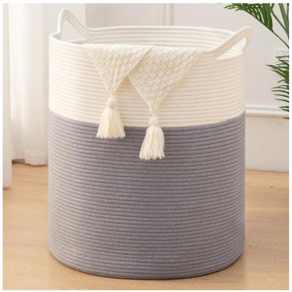 Amfyn Cotton 12x14 Inch- 1 Pcs Storage Basket For Clothes (Gray-White)