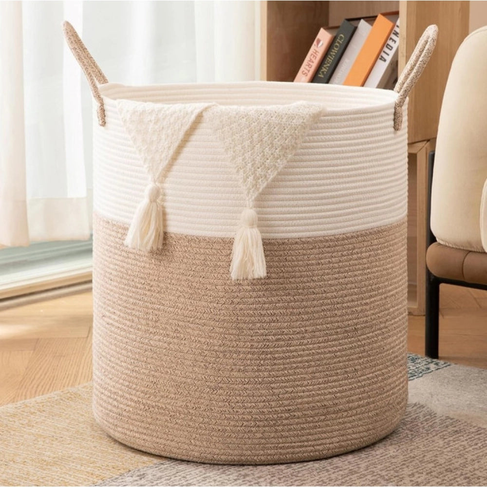 Amfyn Cotton 12x14 Inch-Kidi-Handle Storage Basket For Clothes (Kidi-White)