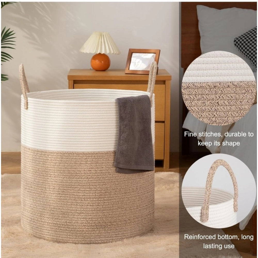 Amfyn Cotton 12x14 Inch-Kidi-Handle Storage Basket For Clothes (Kidi-White)