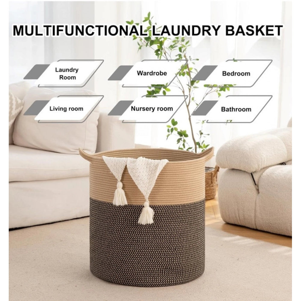 Amfyn Cotton 12x14 Inch -Storage Basket For Clothes (Dark Brown)