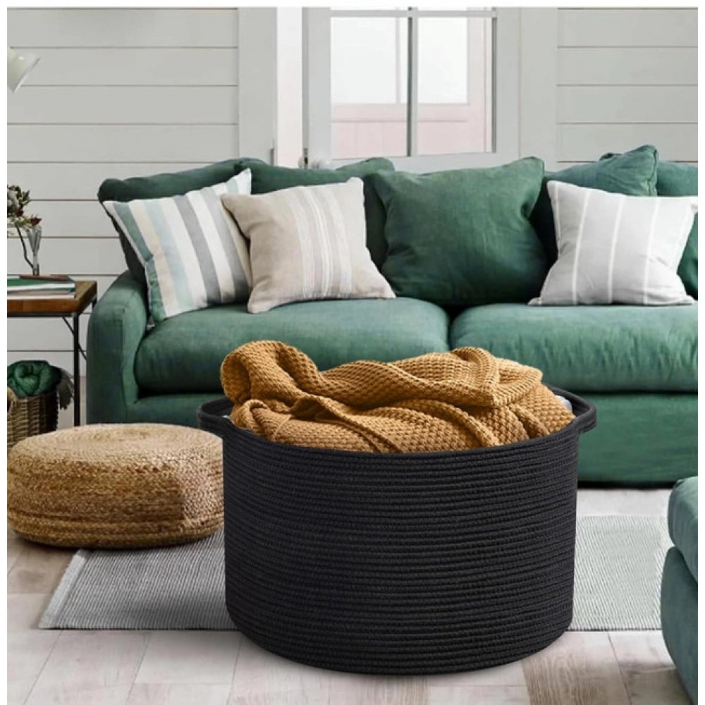 Amfyn Cotton 14x12 Inch Pack of 1 Storage Basket For Clothes (Black)