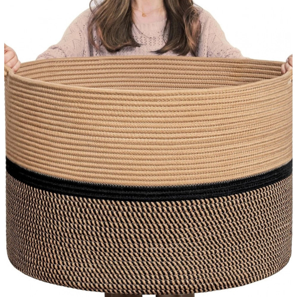 Amfyn Cotton Dori 16x14 Inch Storage Basket For Clothes (Beige-Beige Black)