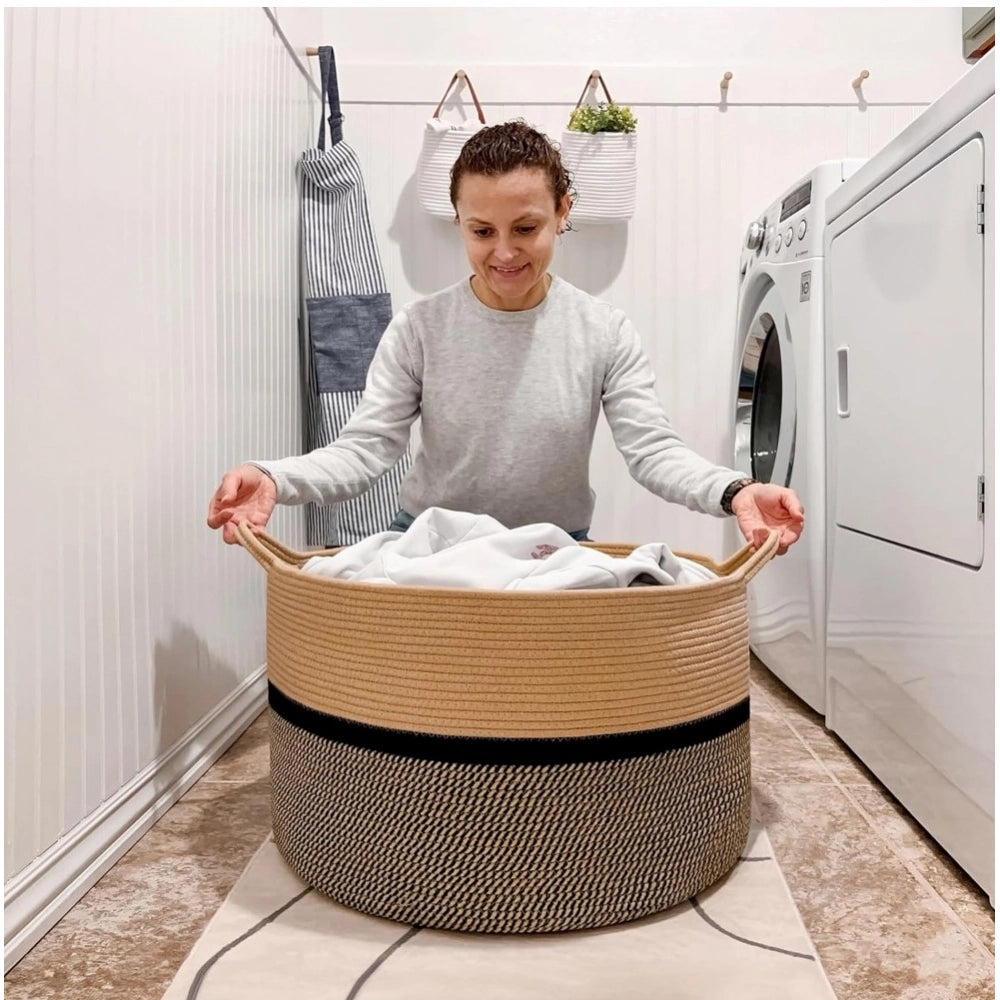 Amfyn Cotton Dori 16x14 Inch Storage Basket For Clothes (Beige-Beige Black)