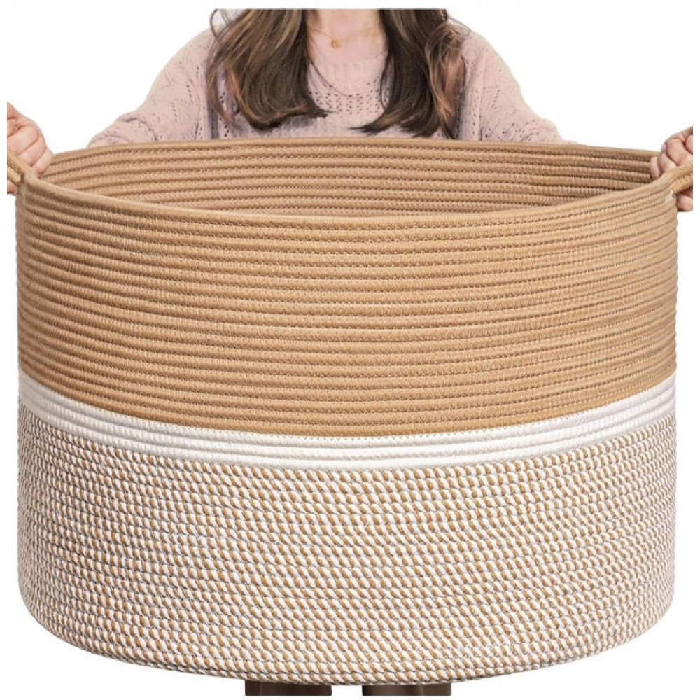Amfyn Cotton Dori 16x14 Inch Storage Basket For Clothes (Beige-Beige White)
