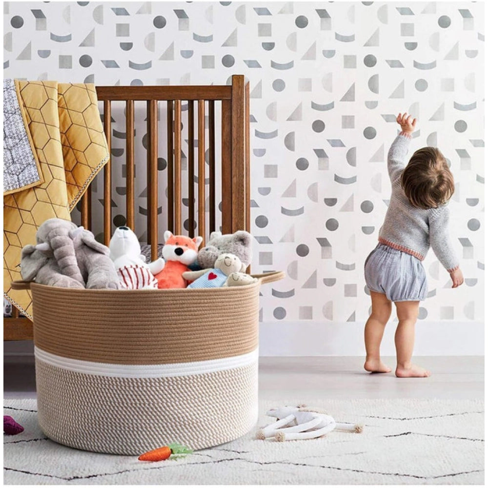 Amfyn Cotton Dori 16x14 Inch Storage Basket For Clothes (Beige-Beige White)