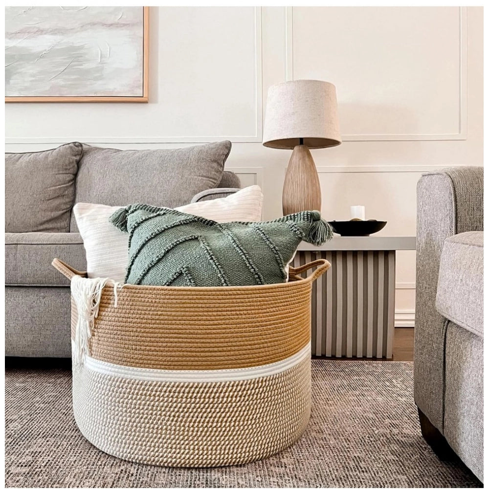 Amfyn Cotton Dori 16x14 Inch Storage Basket For Clothes (Beige-Beige White)