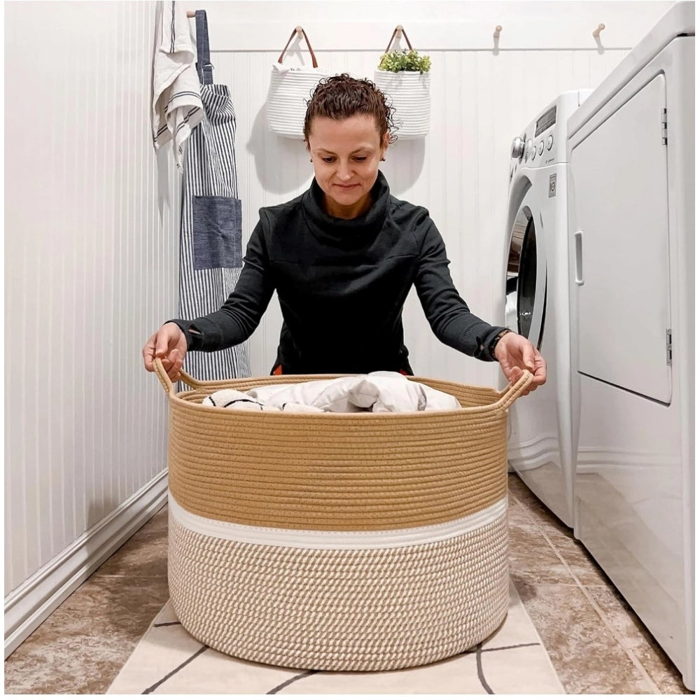 Amfyn Cotton Dori 16x14 Inch Storage Basket For Clothes (Beige-Beige White)