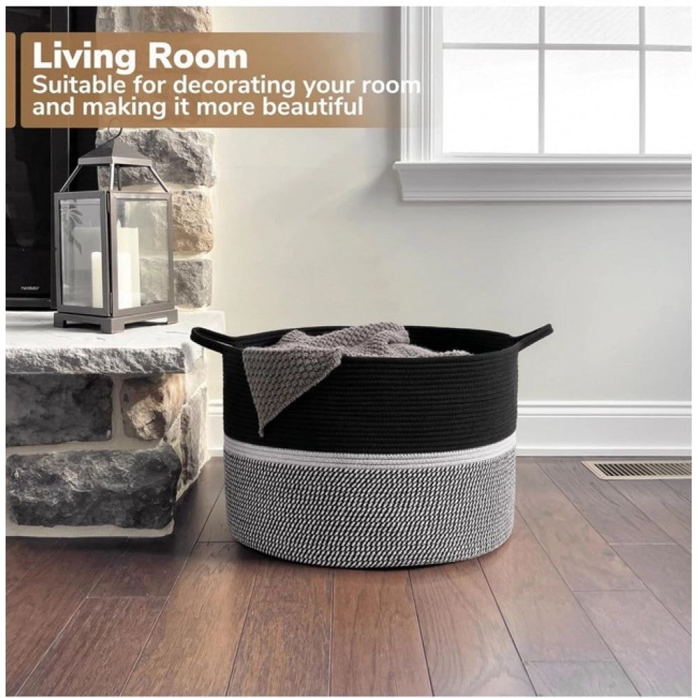 Amfyn Cotton Dori 16x14 Inch Storage Basket For Clothes (Black-Black White)