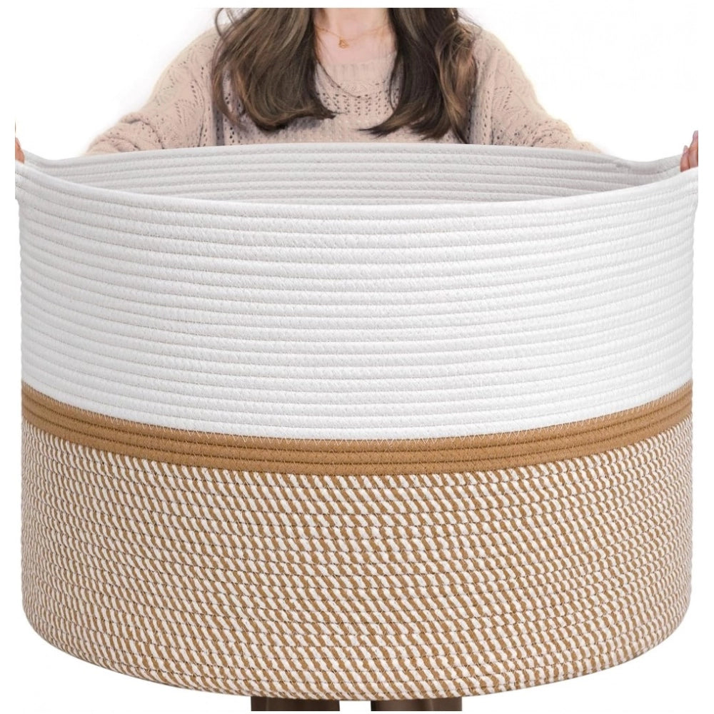 Amfyn Cotton Dori 16x14 Inch Storage Basket For Clothes (White-Beige White)
