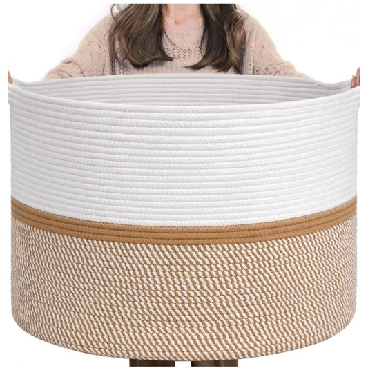 Amfyn Cotton Dori 16x14 Inch Storage Basket For Clothes (White-Beige White)