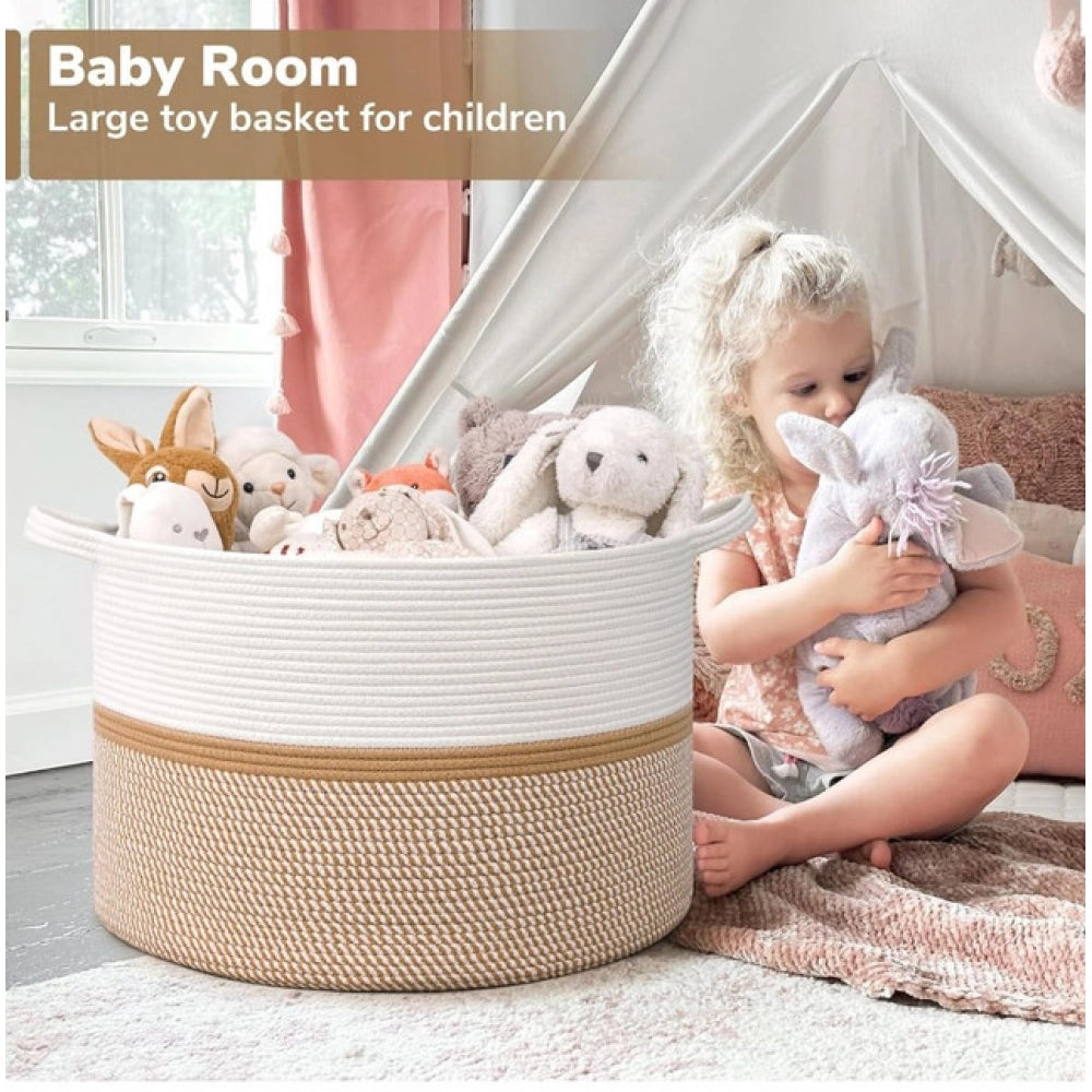 Amfyn Cotton Dori 16x14 Inch Storage Basket For Clothes (White-Beige White)