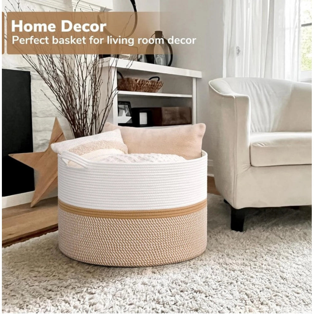 Amfyn Cotton Dori 16x14 Inch Storage Basket For Clothes (White-Beige White)