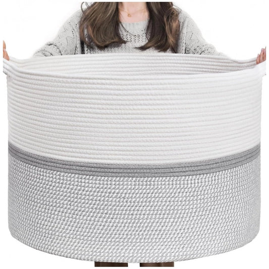 Amfyn Cotton Dori 16x14 Inch Storage Basket For Clothes (White-Gray White)