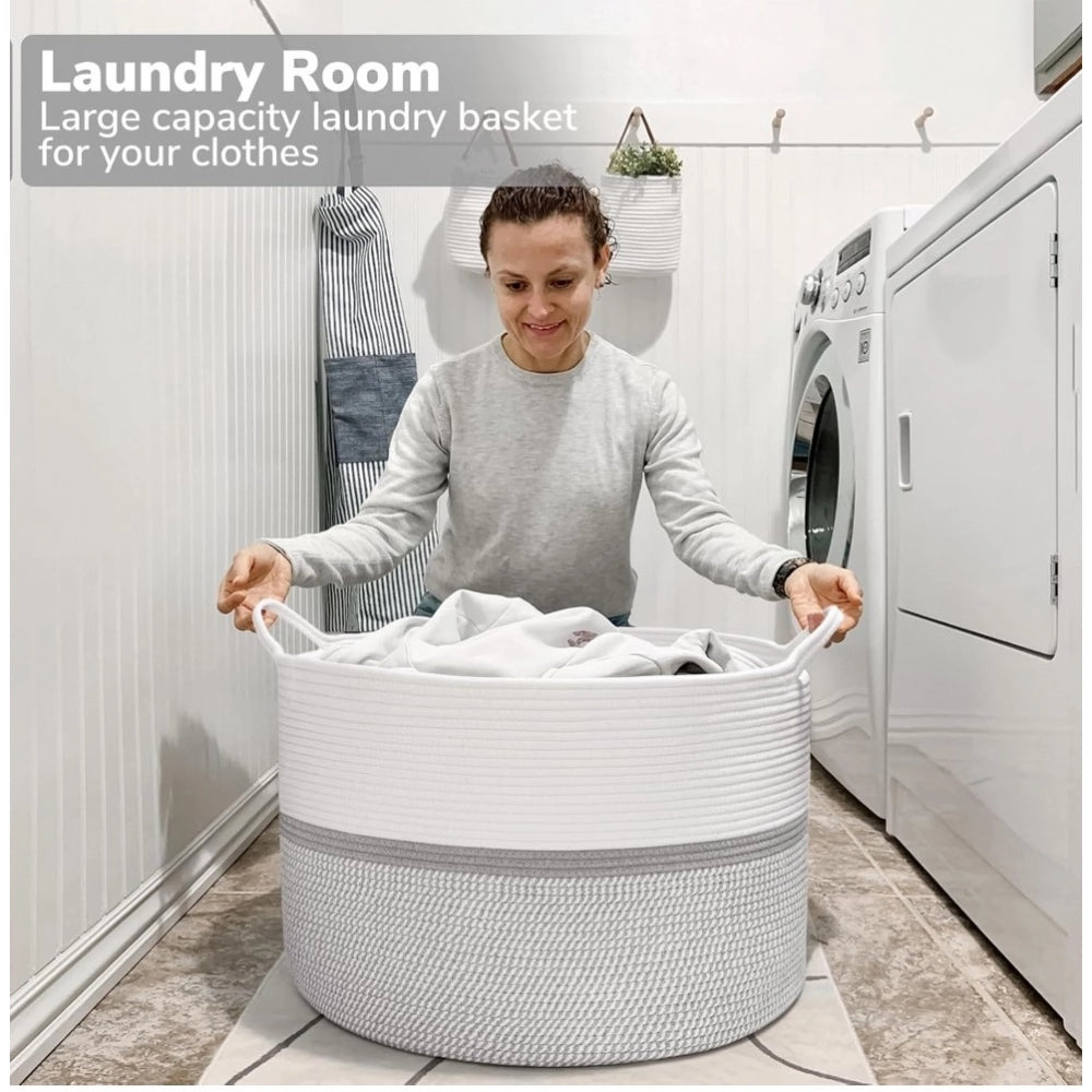 Amfyn Cotton Dori 16x14 Inch Storage Basket For Clothes (White-Gray White)