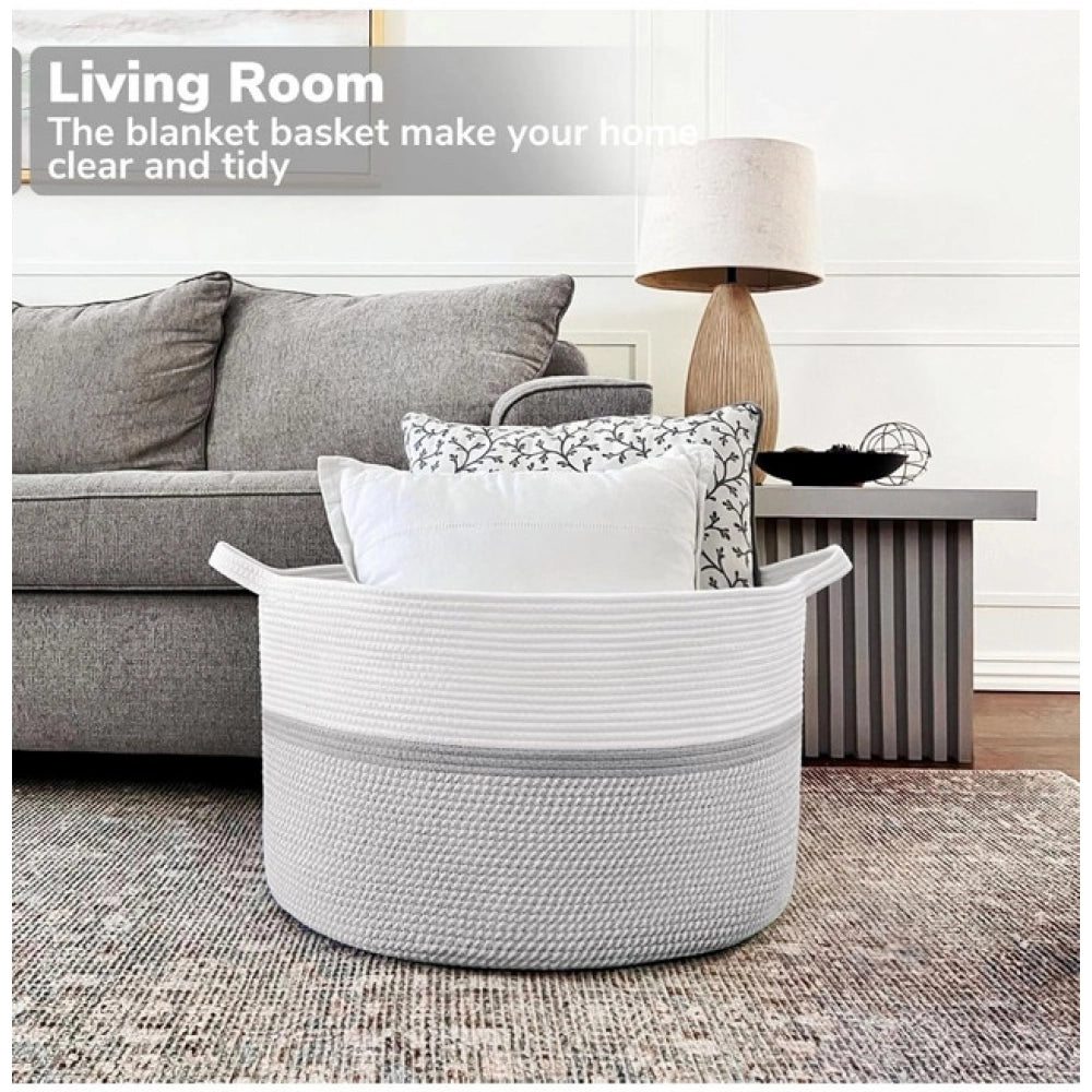 Amfyn Cotton Dori 16x14 Inch Storage Basket For Clothes (White-Gray White)