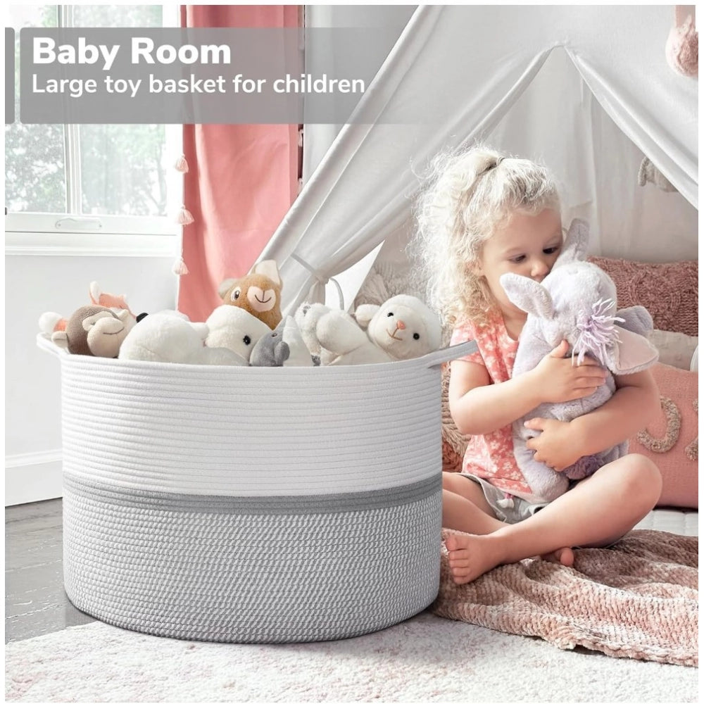 Amfyn Cotton Dori 16x14 Inch Storage Basket For Clothes (White-Gray White)