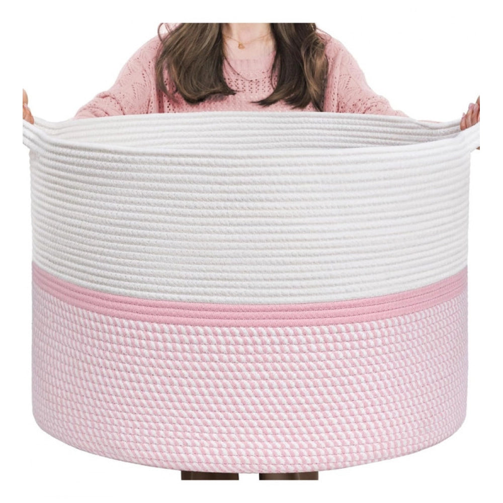 Amfyn Cotton Dori 16x14 Inch Storage Basket For Clothes (White-Pink White)
