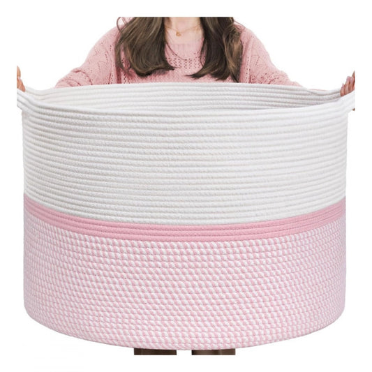 Amfyn Cotton Dori 16x14 Inch Storage Basket For Clothes (White-Pink White)