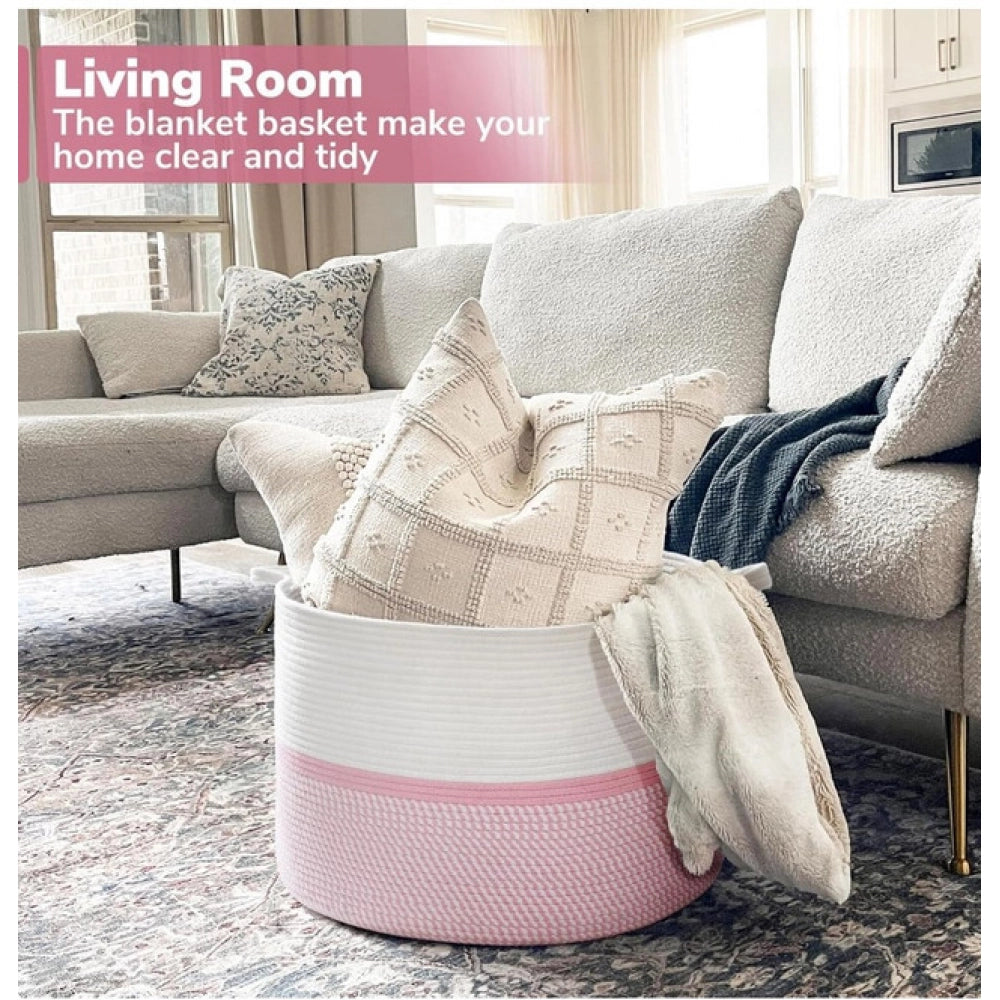 Amfyn Cotton Dori 16x14 Inch Storage Basket For Clothes (White-Pink White)