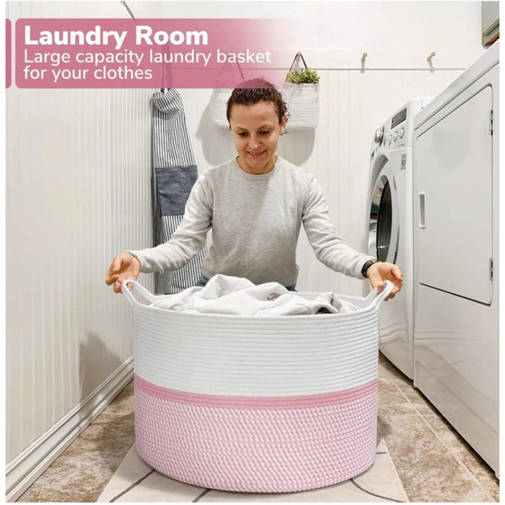 Amfyn Cotton Dori 16x14 Inch Storage Basket For Clothes (White-Pink White)