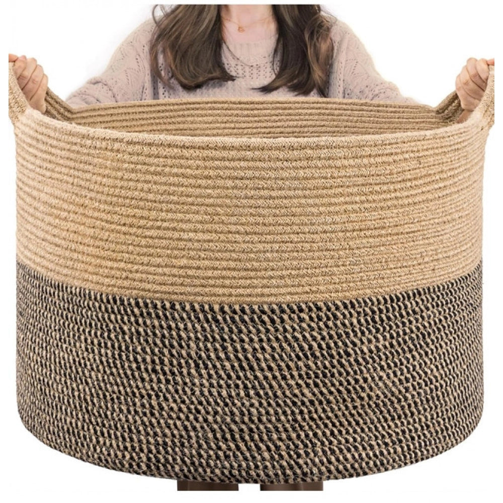 Amfyn Cotton 16x14 Inch Pack of 1 Storage Basket For Clothes (Beige- Beige Black)