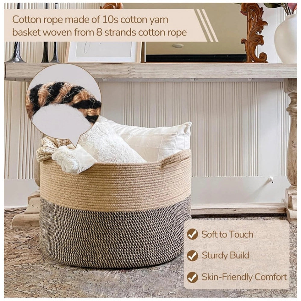Amfyn Cotton 16x14 Inch Pack of 1 Storage Basket For Clothes (Beige- Beige Black)