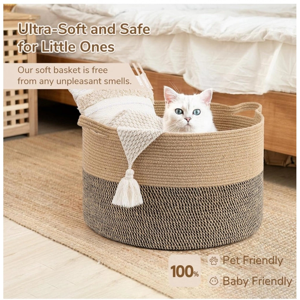 Amfyn Cotton 16x14 Inch Pack of 1 Storage Basket For Clothes (Beige- Beige Black)