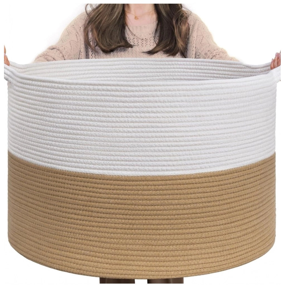 Amfyn Cotton 16x14 Inch Pack of 1 Storage Basket For Clothes (Beige-White)