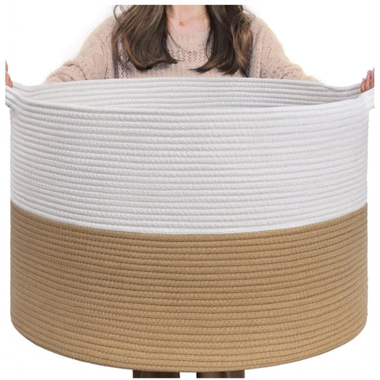 Amfyn Cotton 16x14 Inch Pack of 1 Storage Basket For Clothes (Beige-White)