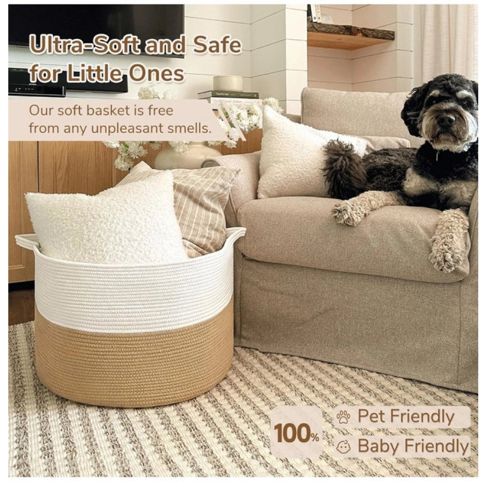 Amfyn Cotton 16x14 Inch Pack of 1 Storage Basket For Clothes (Beige-White)