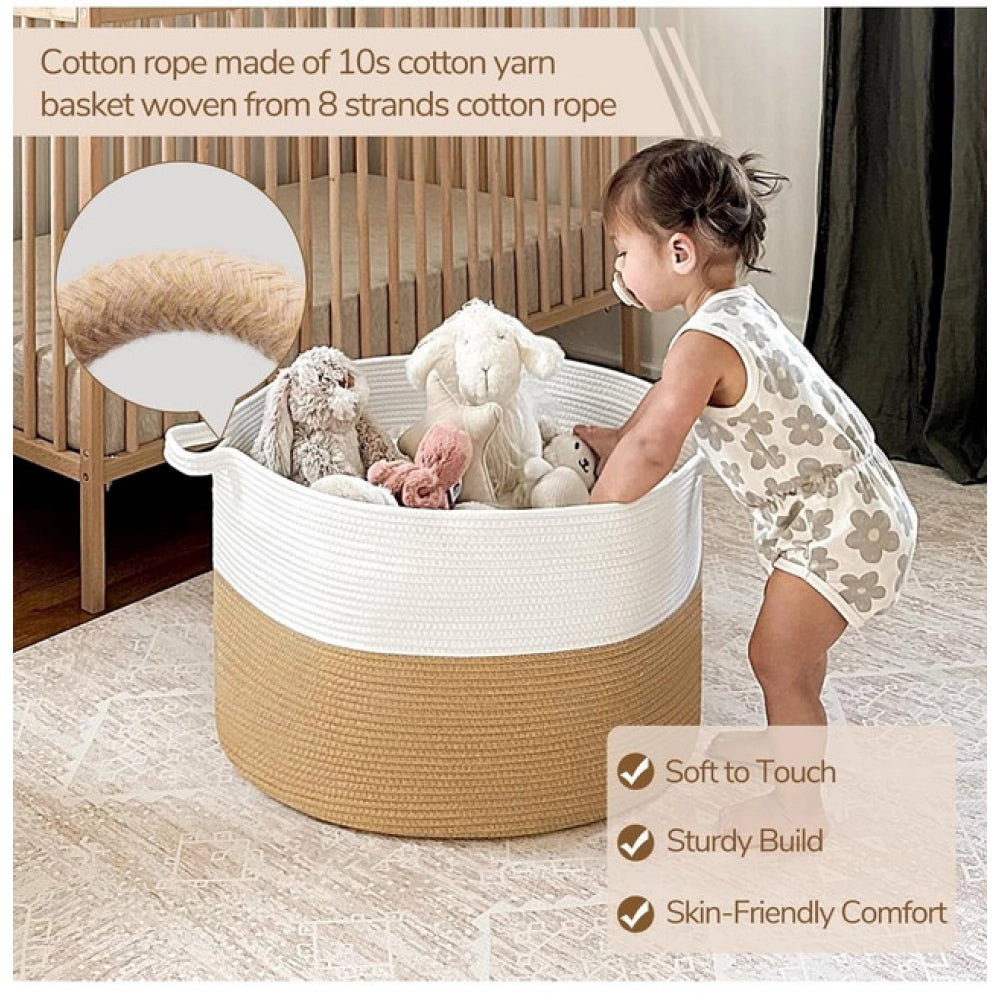 Amfyn Cotton 16x14 Inch Pack of 1 Storage Basket For Clothes (Beige-White)