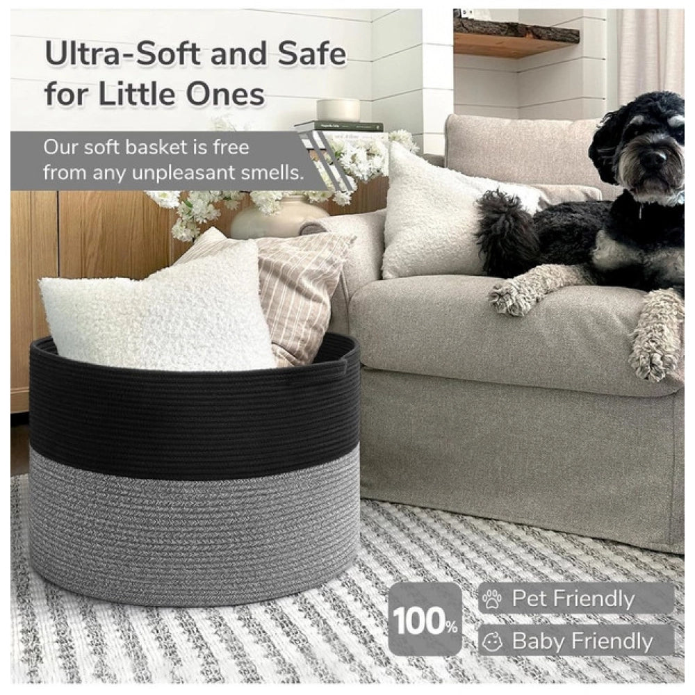 Amfyn Cotton 16x14 Inch Pack of 1 Storage Basket For Clothes (Black)