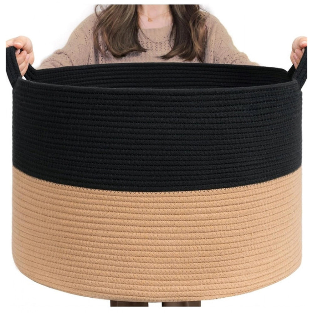 Amfyn Cotton 16x14 Inch Pack of 1 Storage Basket For Clothes (Black-Beige)