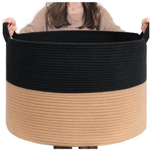 Amfyn Cotton 16x14 Inch Pack of 1 Storage Basket For Clothes (Black-Beige)