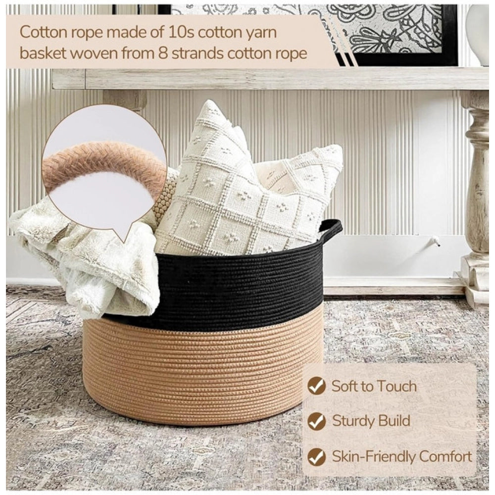 Amfyn Cotton 16x14 Inch Pack of 1 Storage Basket For Clothes (Black-Beige)