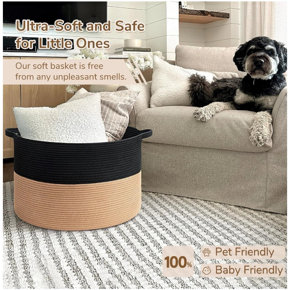 Amfyn Cotton 16x14 Inch Pack of 1 Storage Basket For Clothes (Black-Beige)