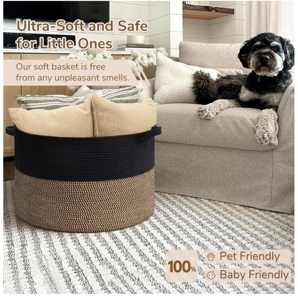 Amfyn Cotton 16x14 Inch Pack of 1 Storage Basket For Clothes (Black- Beige Black)