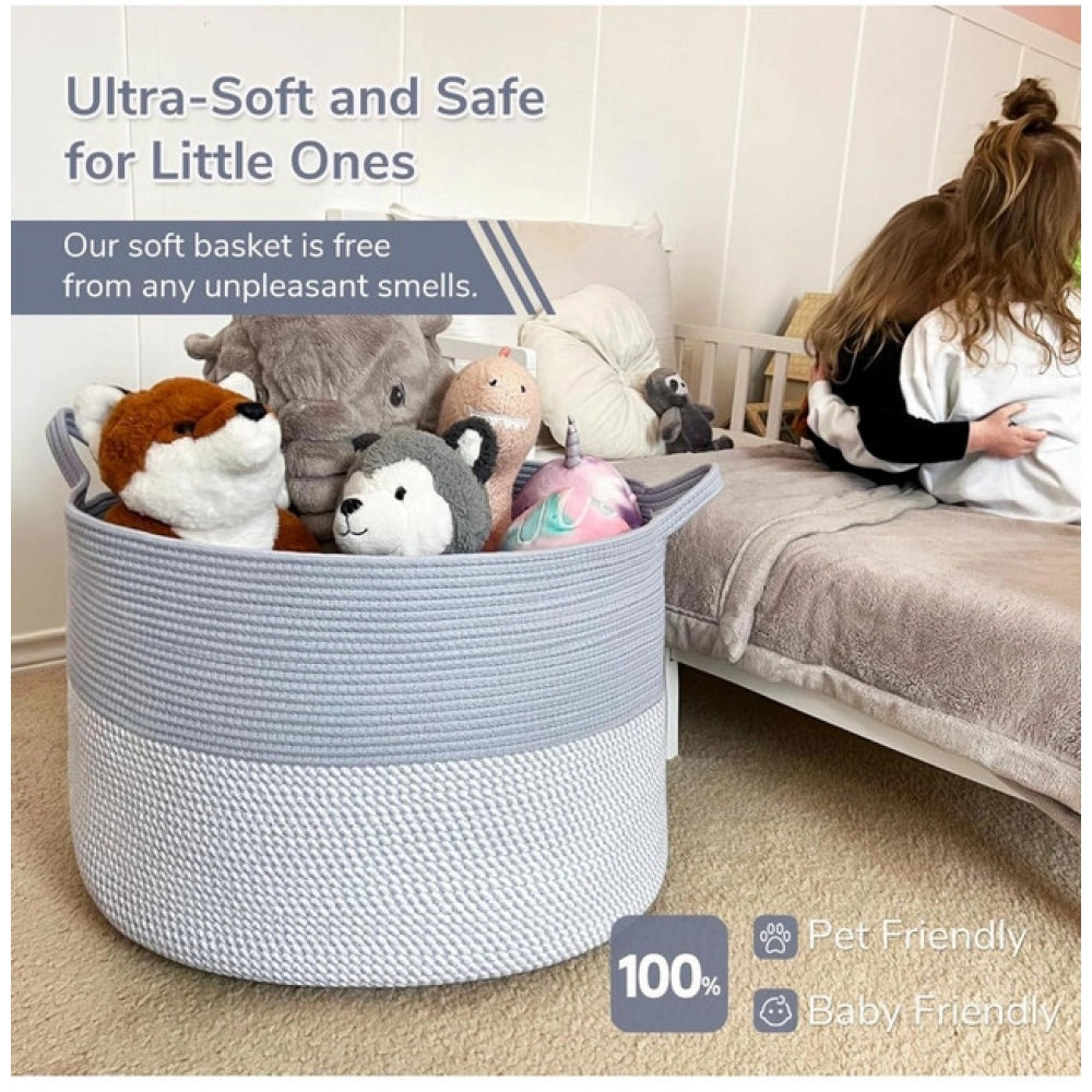 Amfyn Cotton 16x14 Inch Pack of 1 Storage Basket For Clothes (Gray- Gray White)