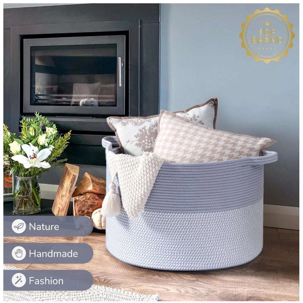 Amfyn Cotton 16x14 Inch Pack of 1 Storage Basket For Clothes (Gray- Gray White)