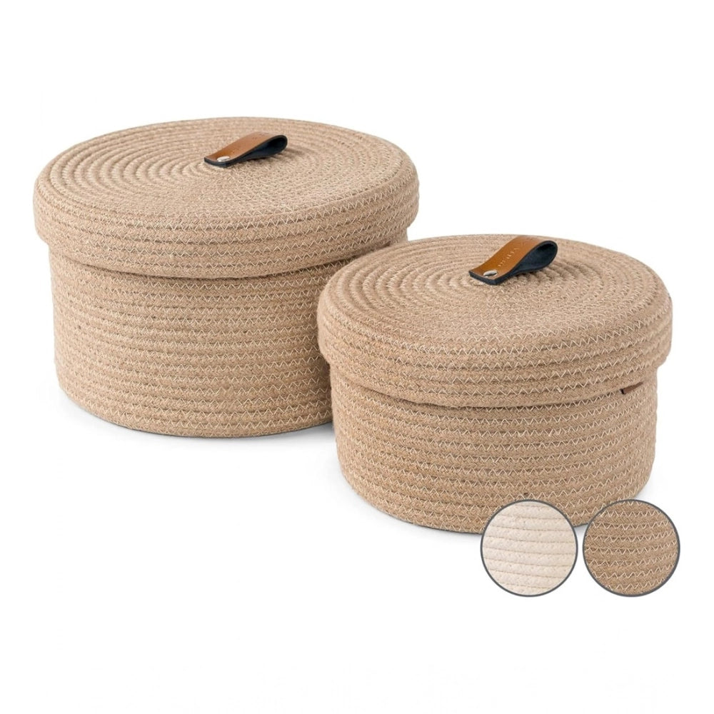 Amfyn Cotton 2 Pcs Set Roti Box Storage Basket With Lid (Beige)
