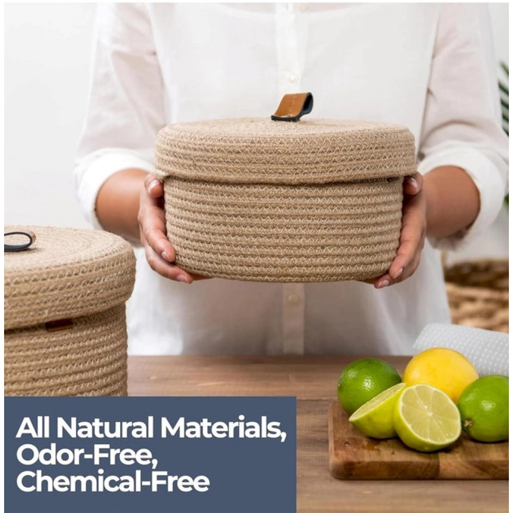 Amfyn Cotton 2 Pcs Set Roti Box Storage Basket With Lid (Beige)
