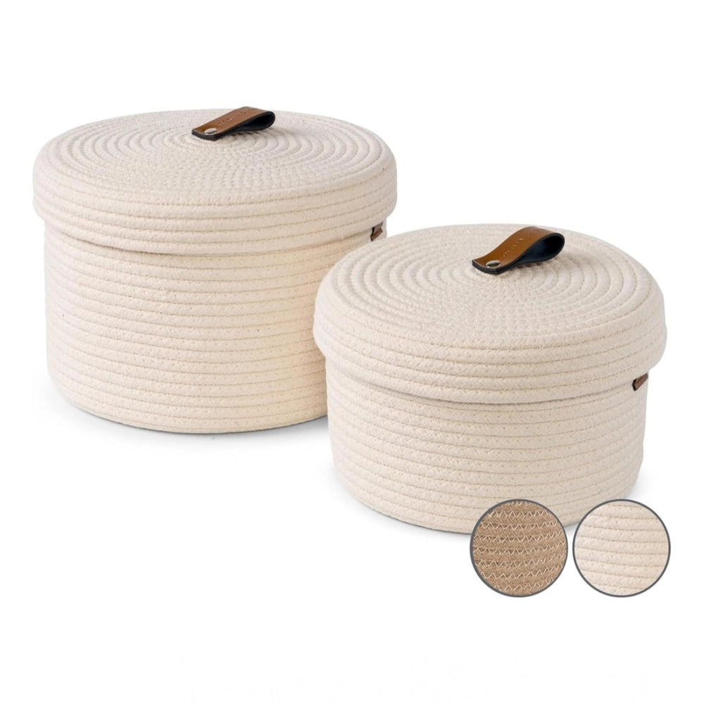 Amfyn Cotton 2 Pcs Set Roti Box Storage Basket With Lid (White)