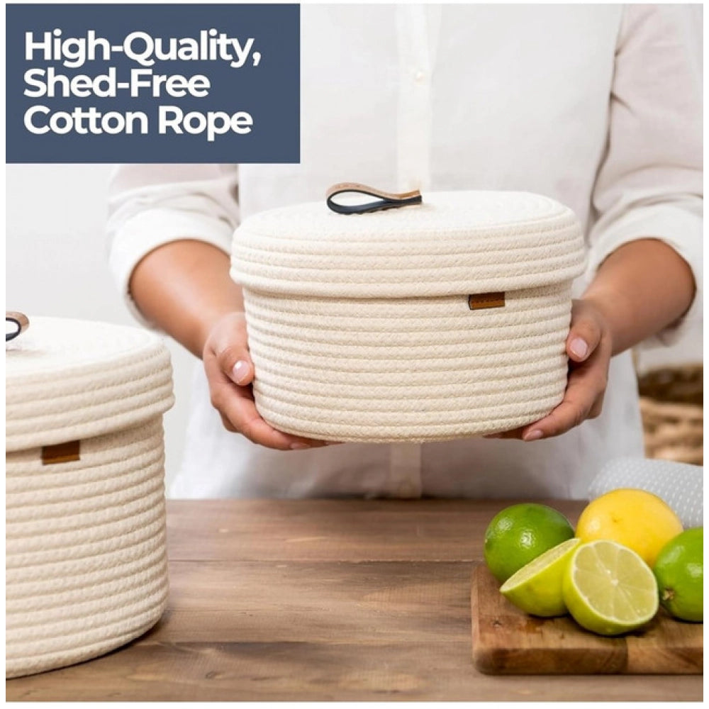 Amfyn Cotton 2 Pcs Set Roti Box Storage Basket With Lid (White)