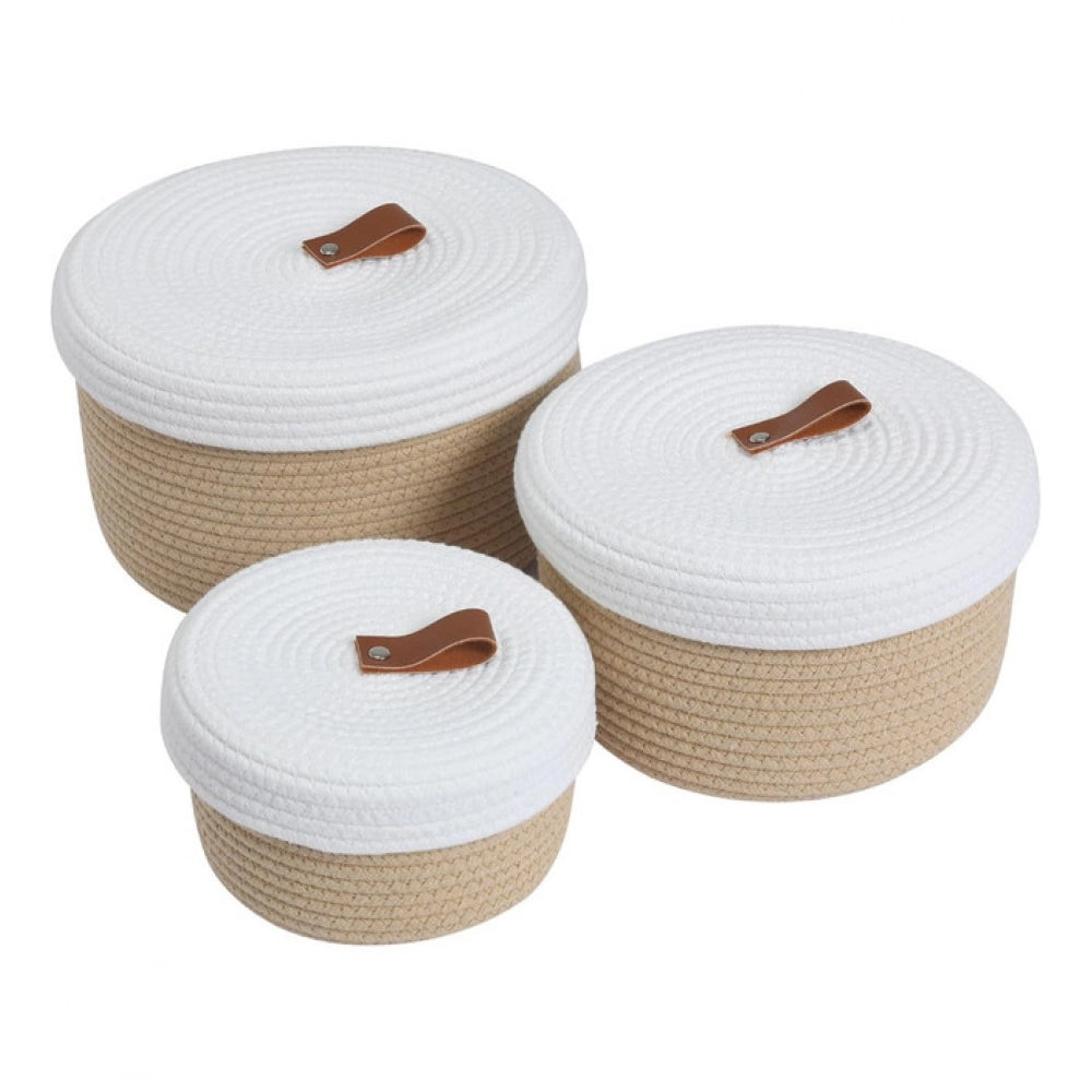 Amfyn Cotton 3 Pcs Set Roti Box Storage Basket With Lid (Beige)